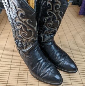 Rudel Boots men's sz 10D black leather Western Cowboy boots. Repair spot on left